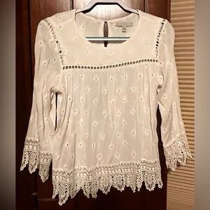Chic White Eyelet Blouse with Lace Trim